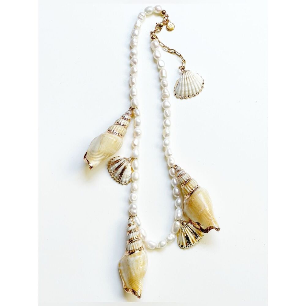 Pearl and Gold Shell Statement Necklace  with matching bracelet Beach Bride - Picture 14 of 14
